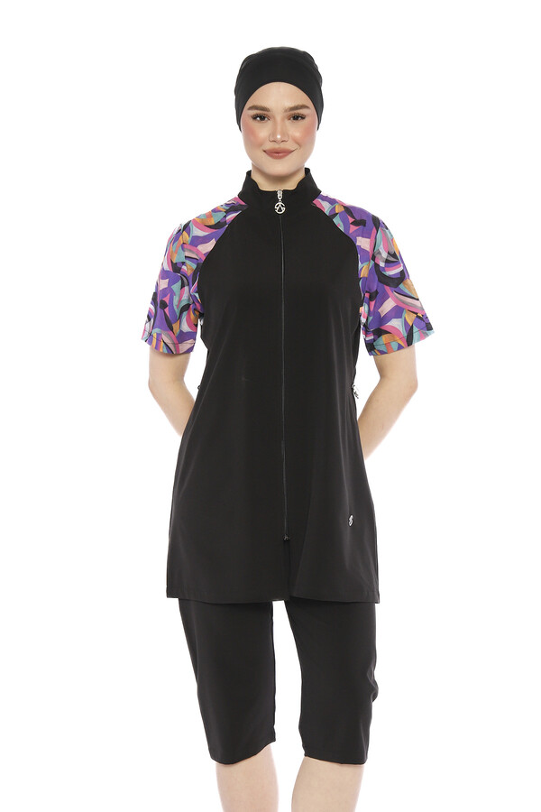 Short Sleeve Sport Lycra Half-Covered Swimsuit 6286 Black04 - Thumbnail