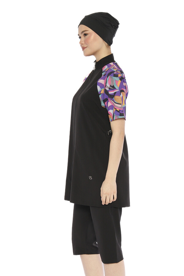 Short Sleeve Sport Lycra Half-Covered Swimsuit 6286 Black04 - Thumbnail