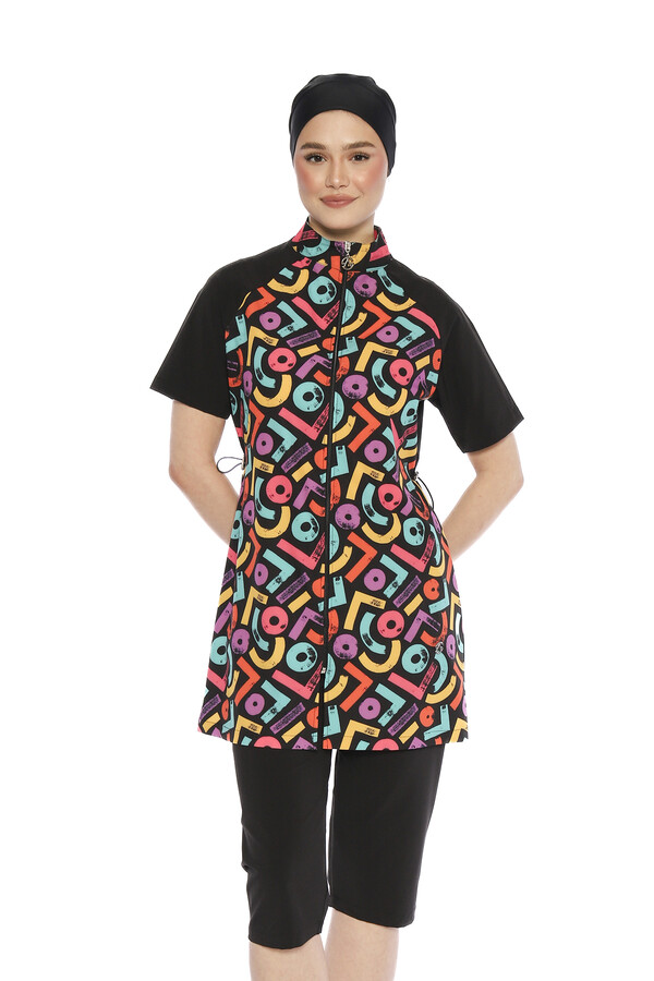Short Sleeve Sport Lycra Semi-Covered Swimsuit - Thumbnail