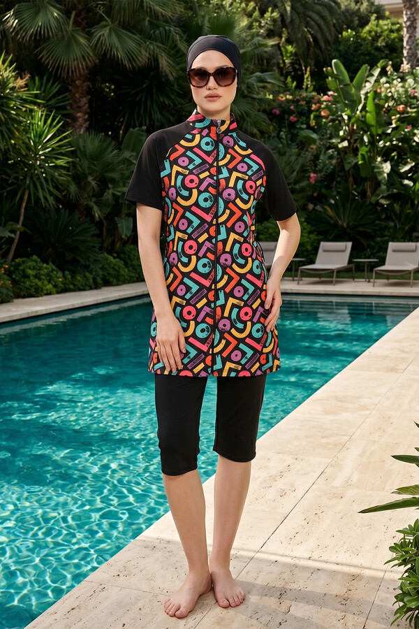 Short Sleeve Sport Lycra Semi-Covered Swimsuit - Thumbnail