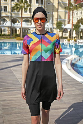 Remsa - Short-Sleeve Stretchy Capri Half-Covered Swimsuit R5001 Tetris Remsa - Short-Sleeve Stretchy Capri Half-Covered Swimsuit R5001 Tetris