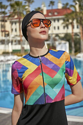 Remsa Mayo - Short-Sleeve Stretchy Capri Half-Covered Swimsuit R5001 Tetris (1)