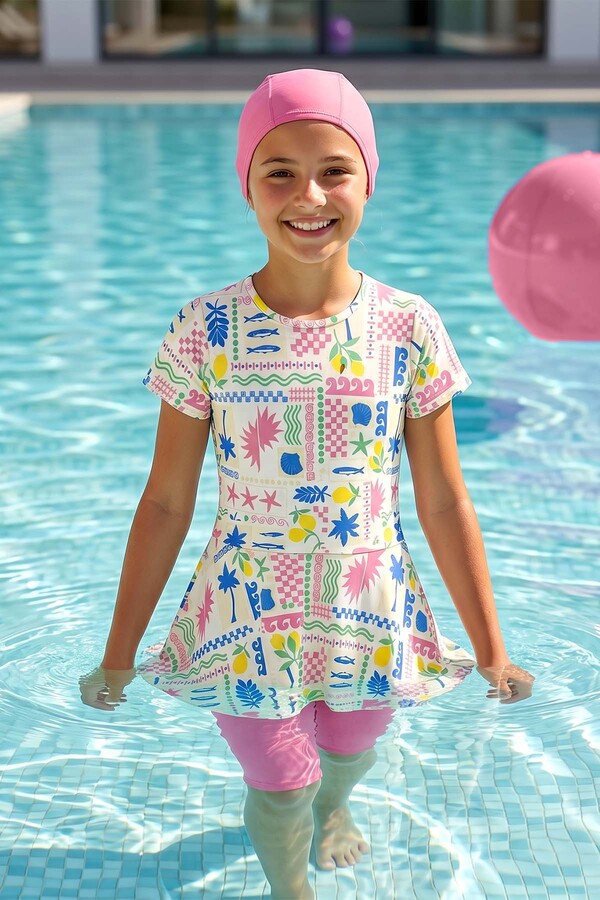 Short Sleeve Swimwear Set with Swim Cap - Thumbnail