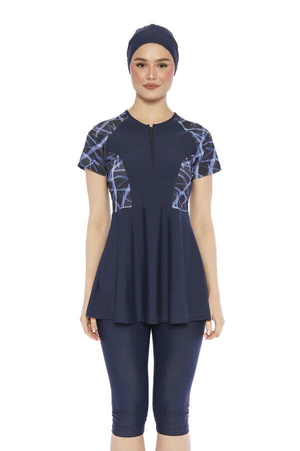 Short-Sleeved Semi-Covered Swimsuit with Shorts - Thumbnail