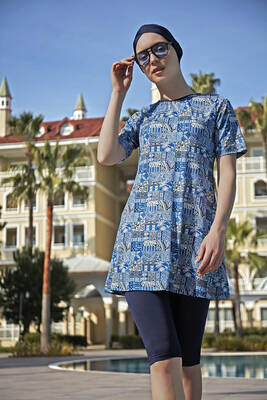 Remsa - Short-Sleeved Stretchy Leggings Half-Coverage Swimsuit R4903 Saliha Remsa - Short-Sleeved Stretchy Leggings Half-Coverage Swimsuit R4903 Saliha