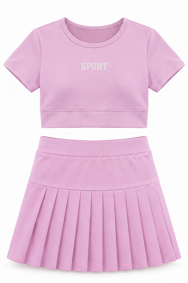 Short-Sleeved Swimsuit with Skirt and Shorts for Girls - Thumbnail