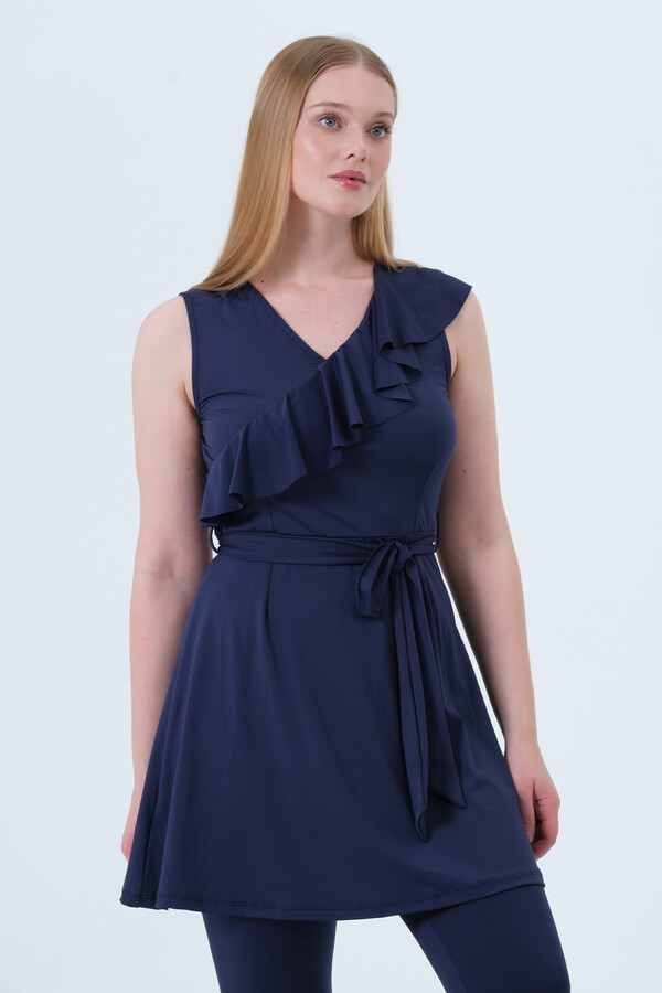 Sıfır Kol Şortlu Likralı Yarı Kapalı Mayo 24199 Lacivert - Thumbnail