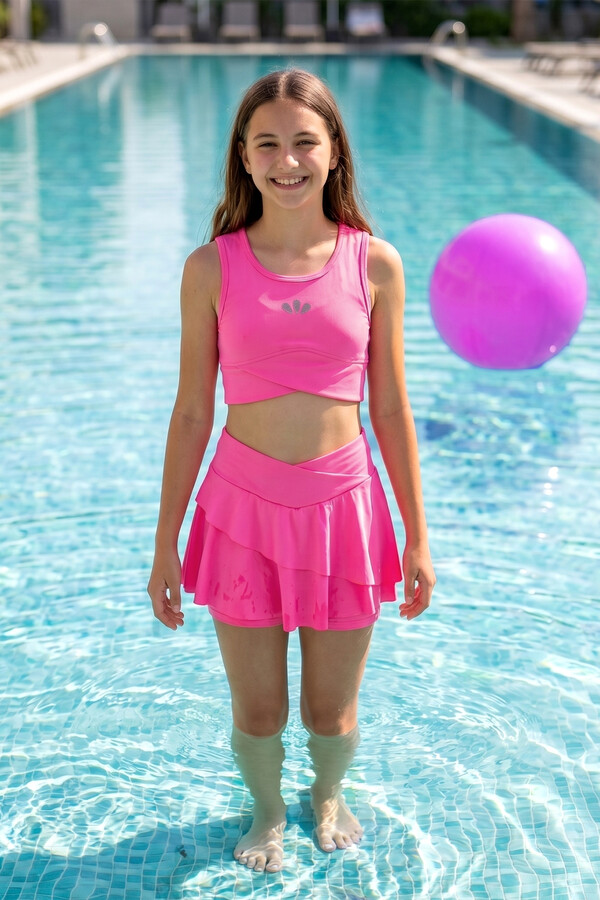 Sıfır Kol Üst Şort Etek İki Parça Kız Çocuk Yüzücü Mayo 26614 Fuşya - Thumbnail