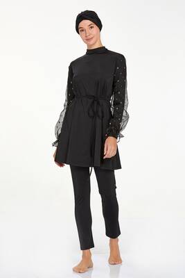 Adasea - Şifon Kol Detaylı Likralı Tam Kapalı Tesettür Mayo Beta 4557 Siyah (1)