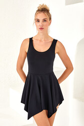 Lapieno - Sleeveless One Piece Swimsuit Dress With Built-In Shorts 3844 Black