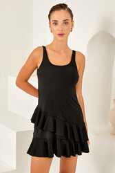 Lapieno - Sleeveless One Piece Swimsuit Dress With Layered Skirt 3267 Black