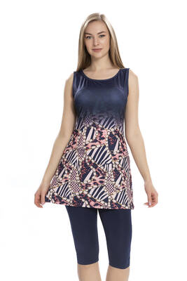 Armes - Sleeveless Semi-Covered Swimsuit With Tights 160-02 Navy Armes - Sleeveless Semi-Covered Swimsuit With Tights 160-02 Navy