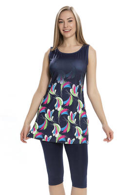 Armes - Sleeveless Semi-Covered Swimsuit With Tights 162-02 Navy Armes - Sleeveless Semi-Covered Swimsuit With Tights 162-02 Navy