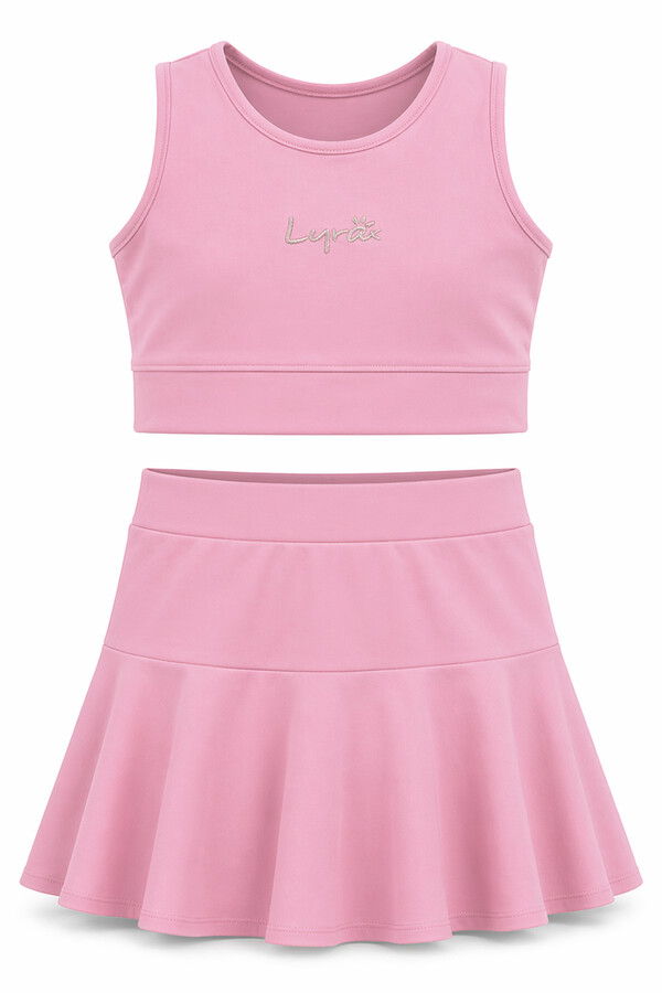 Sleeveless Top Skirted Girl Swimsuit Set 26603 Powder - Thumbnail