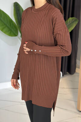 Remsa - Slit Detail Ribbed Knit Tunic 34121 Brown (1)