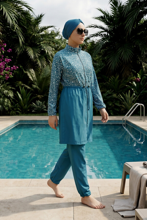 Small Print Full-Cover Modest Swimwear Set in Petrol - Thumbnail