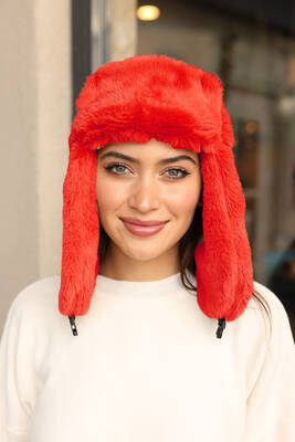 Remsa - Snap-Closure Fur Earmuff Plush Beanie Hat RKŞ-03 Red