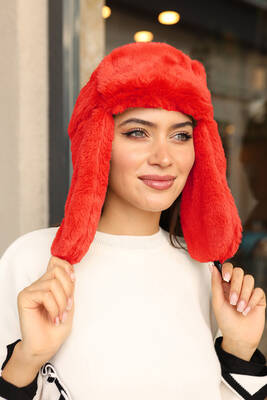 Remsa - Snap-Closure Fur Earmuff Plush Beanie Hat RKŞ-03 Red (1)