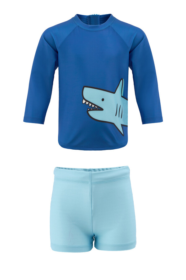 Şort Tişört Takım Kısa Kollu Köpek Balığı Çocuk Bebek Mayo 5384 Mavi