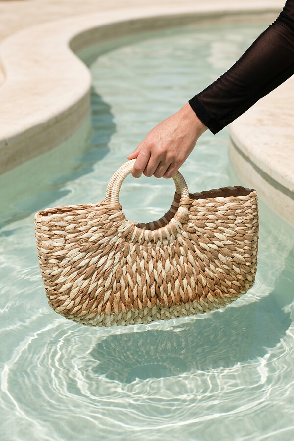 Spiral Pattern Woven Basket Bag - Thumbnail