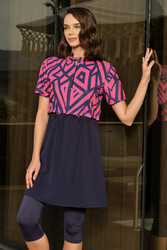 Haliç Mayo - Spor Likra Kısa Kollu Yarı Kapalı Mayo 3417 Lacivert Fuşya