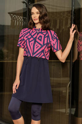 Haliç Mayo - Spor Likra Kısa Kollu Yarı Kapalı Mayo 3417 Lacivert Fuşya