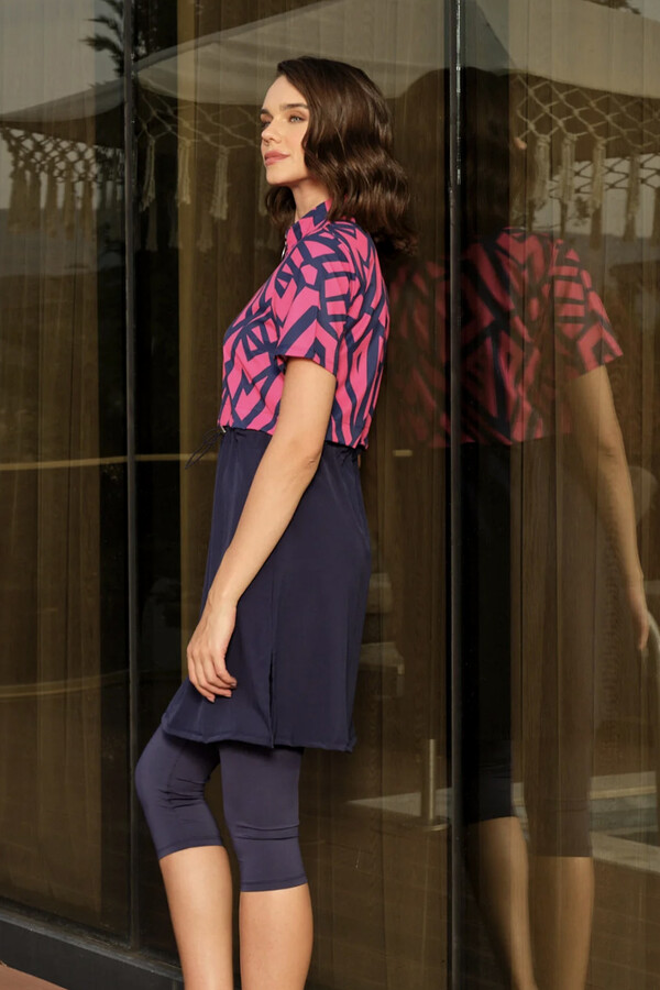 Spor Likra Kısa Kollu Yarı Kapalı Mayo 3417 Lacivert Fuşya - Thumbnail