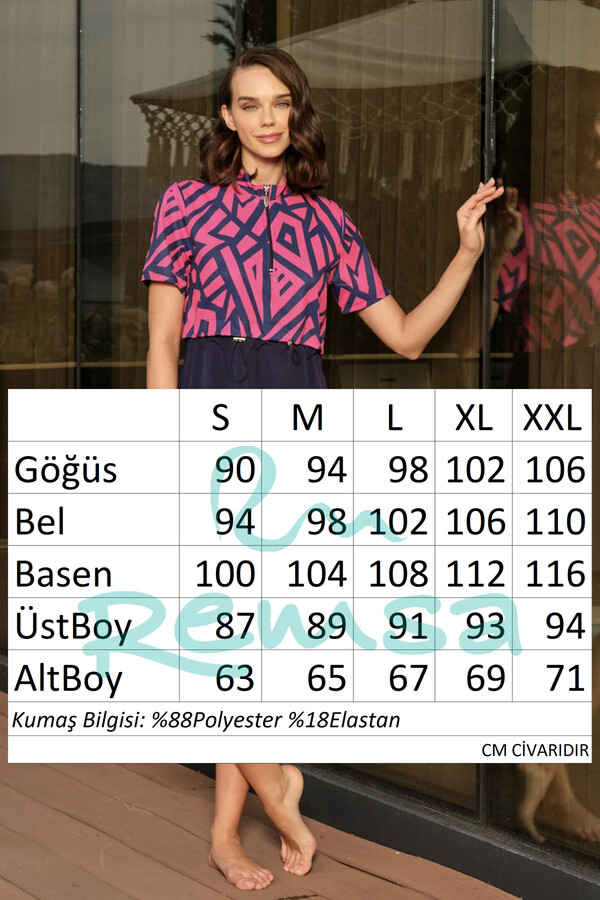 Spor Likra Kısa Kollu Yarı Kapalı Mayo 3417 Lacivert Fuşya - Thumbnail