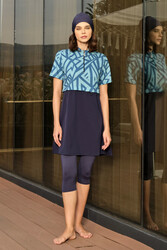 Haliç Mayo - Spor Likra Kısa Kollu Yarı Kapalı Mayo 3417 Lacivert Turkuaz