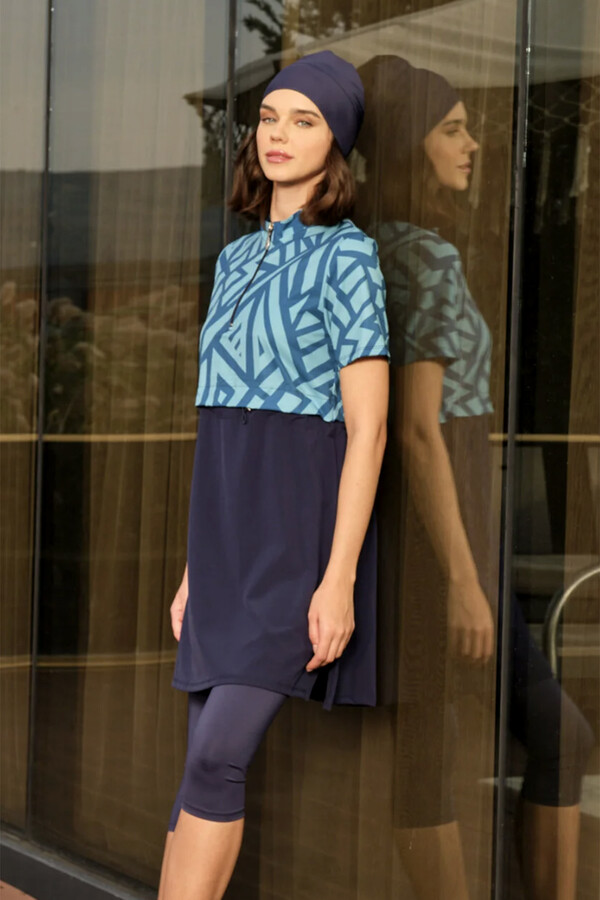 Spor Likra Kısa Kollu Yarı Kapalı Mayo 3417 Lacivert Turkuaz - Thumbnail