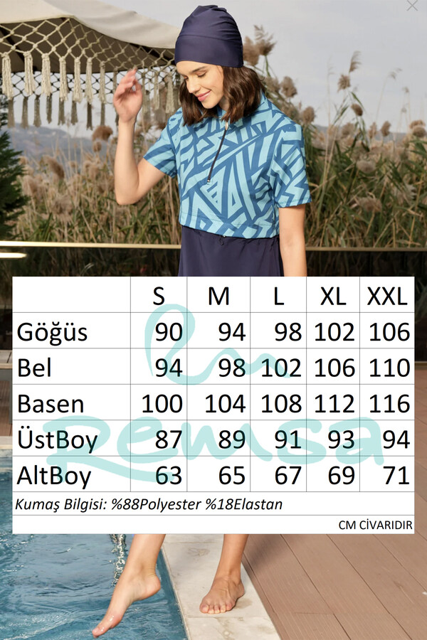 Spor Likra Kısa Kollu Yarı Kapalı Mayo 3417 Lacivert Turkuaz - Thumbnail