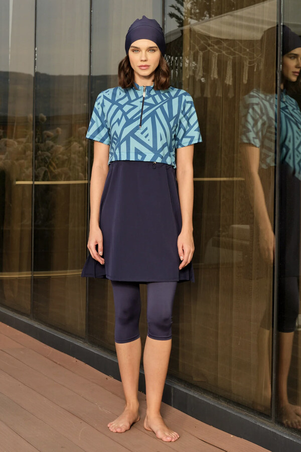 Spor Likra Kısa Kollu Yarı Kapalı Mayo 3417 Lacivert Turkuaz - Thumbnail