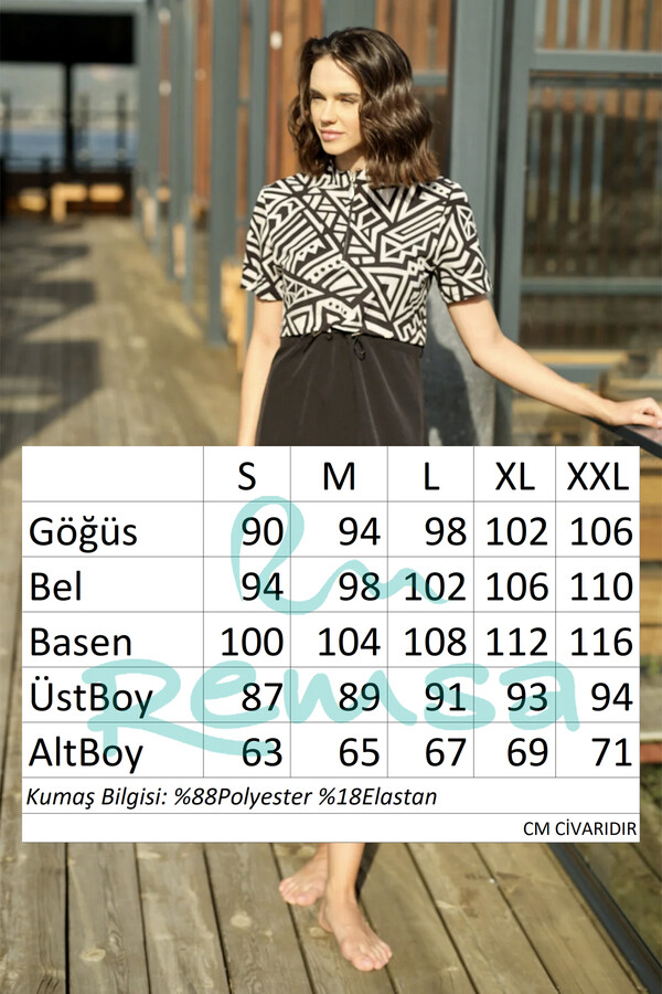 Spor Likra Kısa Kollu Yarı Kapalı Mayo 3417 Siyah Beyaz - Thumbnail