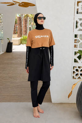 Remsa Mayo - Spor Likra Logo Detay Tam Kapalı Tesettür Mayo R140 Camel