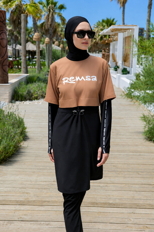 Spor Likra Logo Detay Tam Kapalı Tesettür Mayo R140 Camel - Thumbnail