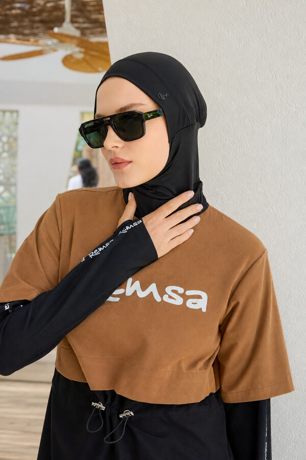 Spor Likra Logo Detay Tam Kapalı Tesettür Mayo R140 Camel - Thumbnail