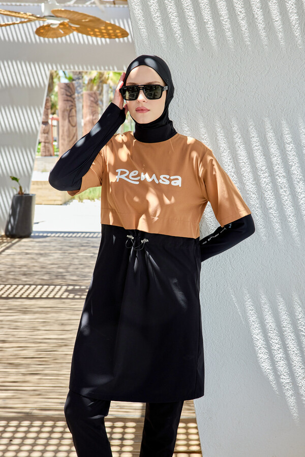 Spor Likra Logo Detay Tam Kapalı Tesettür Mayo R140 Camel - Thumbnail