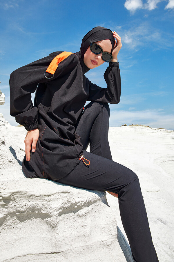 Sport Lycra Full Coverage Modest Swimsuit Set 1201 Black - Thumbnail