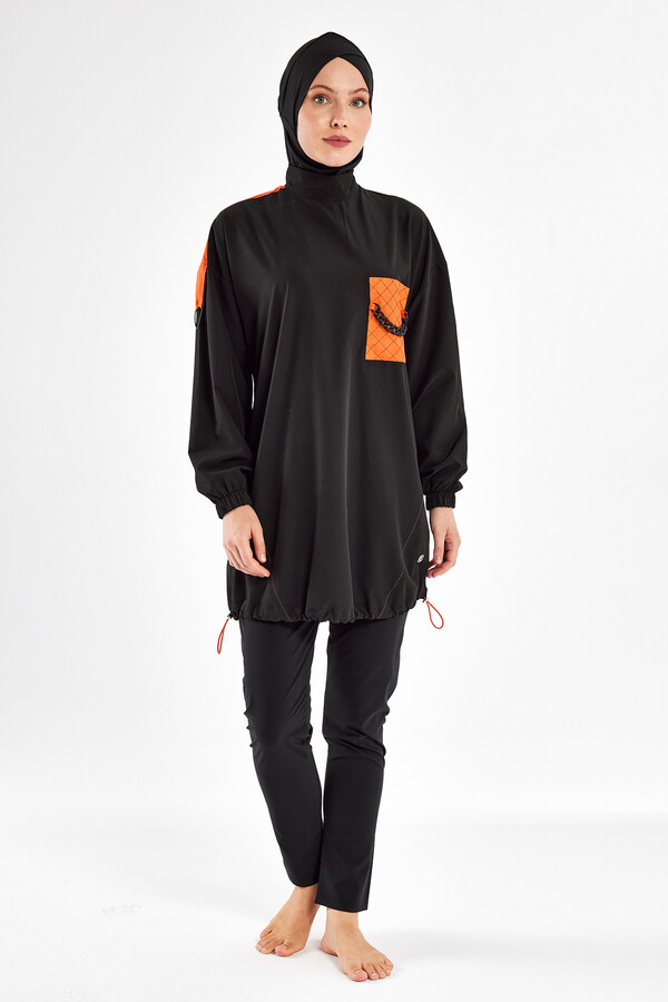 Sport Lycra Full Coverage Modest Swimsuit Set 1201 Black - Thumbnail