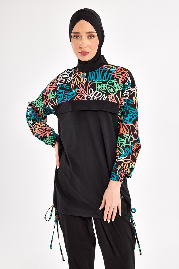 Sport Lycra Full Coverage Modest Swimsuit Set 1207 Black08 - Thumbnail