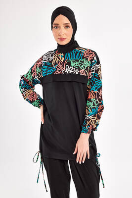 Adasea - Sport Lycra Full Coverage Modest Swimsuit Set 1207 Black08 (1)