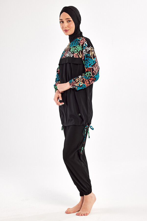 Sport Lycra Full Coverage Modest Swimsuit Set 1207 Black08 - Thumbnail