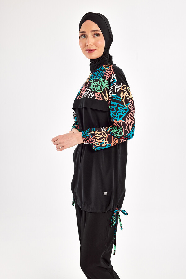 Sport Lycra Full Coverage Modest Swimsuit Set 1207 Black08 - Thumbnail