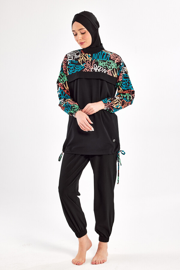 Sport Lycra Full Coverage Modest Swimsuit Set 1207 Black08 - Thumbnail