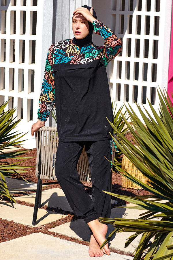 Sport Lycra Full Coverage Modest Swimsuit Set 1207 Black08 - Thumbnail