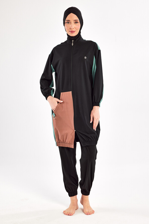 Sport Lycra Full Coverage Modest Swimsuit Set in Black 1210 - Thumbnail