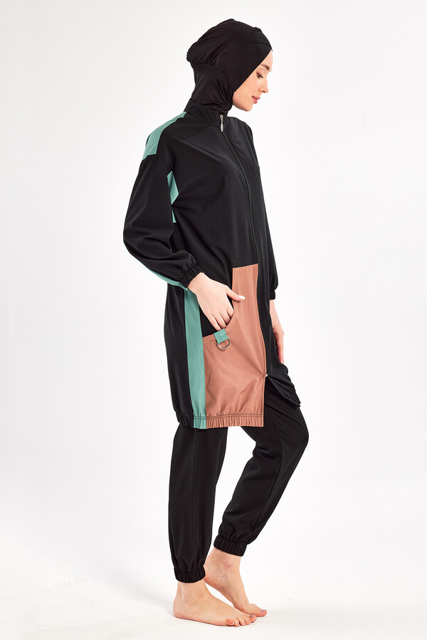 Sport Lycra Full Coverage Modest Swimsuit Set in Black 1210 - Thumbnail