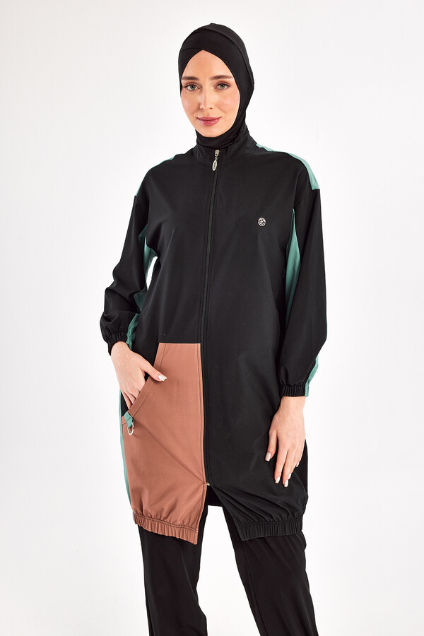 Sport Lycra Full Coverage Modest Swimsuit Set in Black 1210 - Thumbnail