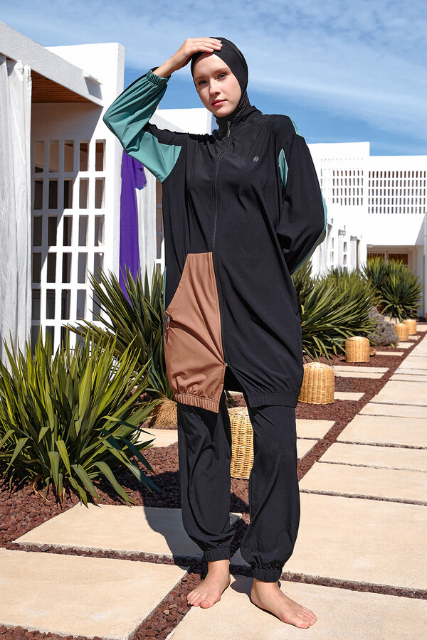 Sport Lycra Full Coverage Modest Swimsuit Set in Black 1210 - Thumbnail