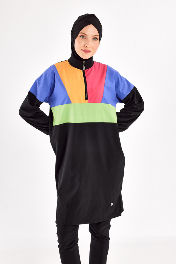 Sport Lycra Full Coverage Modest Swimsuit Set 1226 Black09 - Thumbnail